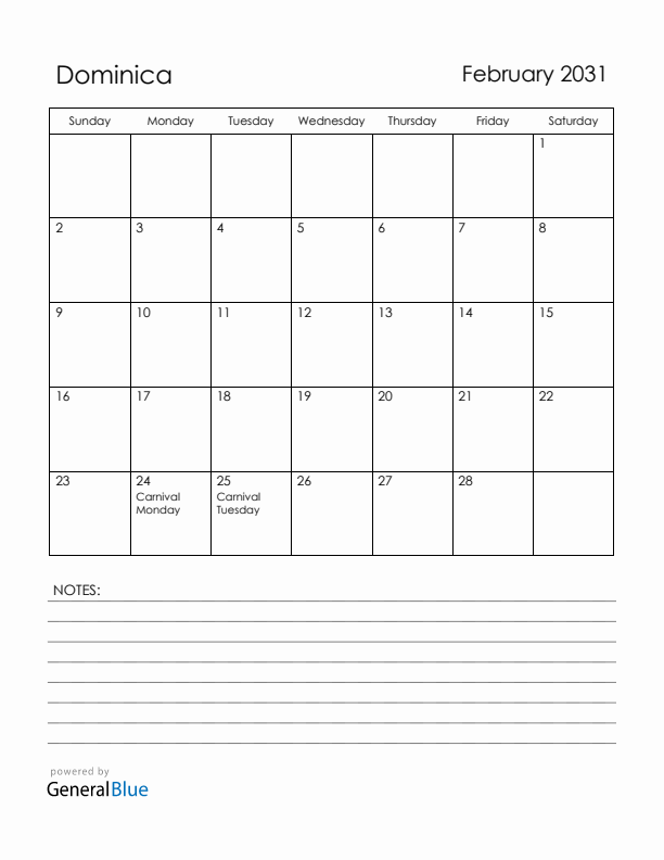 February 2031 Dominica Calendar with Holidays (Sunday Start)
