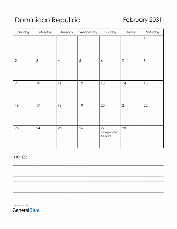 February 2031 Dominican Republic Calendar with Holidays (Sunday Start)