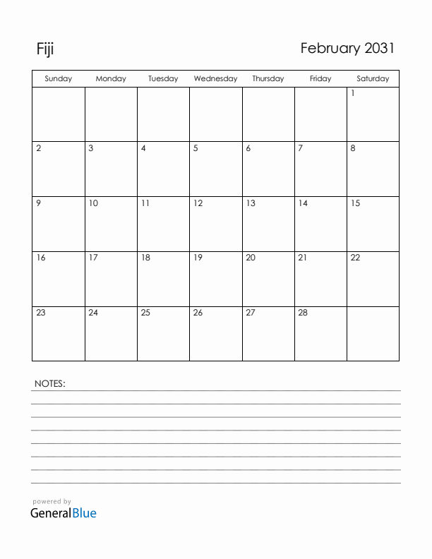 February 2031 Fiji Calendar with Holidays (Sunday Start)