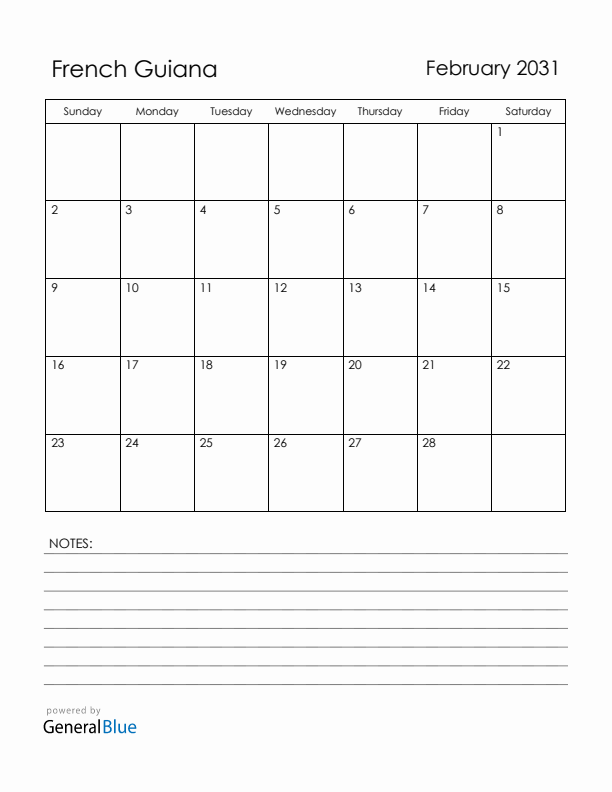February 2031 French Guiana Calendar with Holidays (Sunday Start)