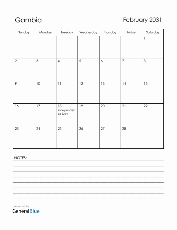 February 2031 Gambia Calendar with Holidays (Sunday Start)