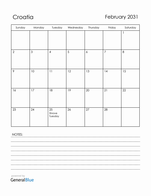 February 2031 Croatia Calendar with Holidays (Sunday Start)