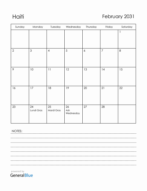 February 2031 Haiti Calendar with Holidays (Sunday Start)