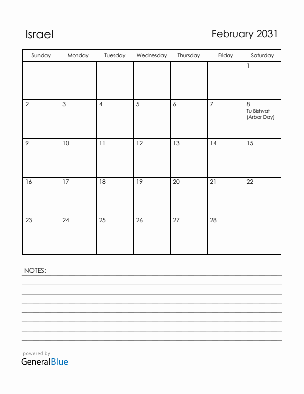 February 2031 Israel Calendar with Holidays (Sunday Start)