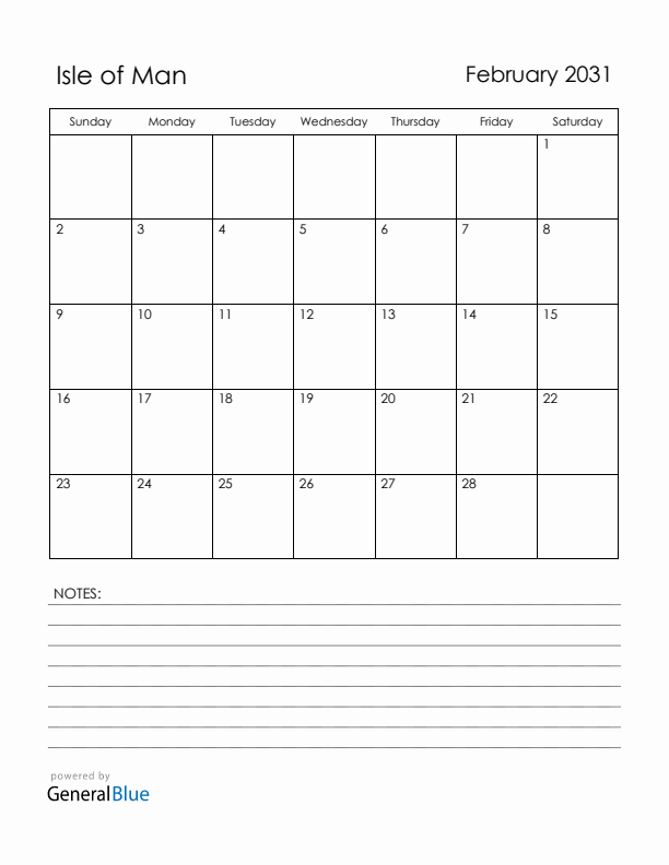 February 2031 Isle of Man Calendar with Holidays (Sunday Start)