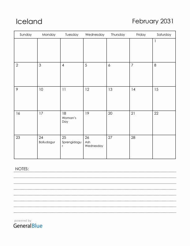 February 2031 Iceland Calendar with Holidays (Sunday Start)