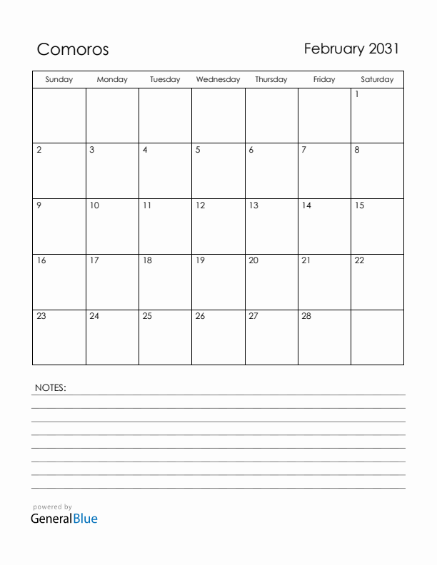 February 2031 Comoros Calendar with Holidays (Sunday Start)