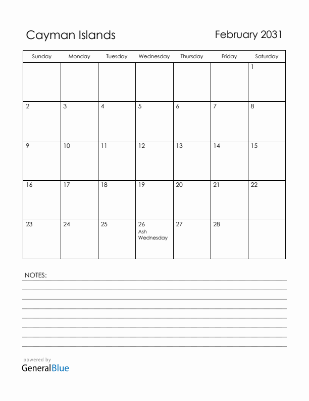 February 2031 Cayman Islands Calendar with Holidays (Sunday Start)