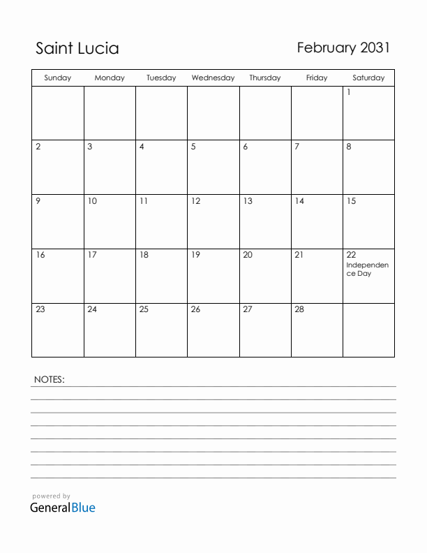 February 2031 Saint Lucia Calendar with Holidays (Sunday Start)