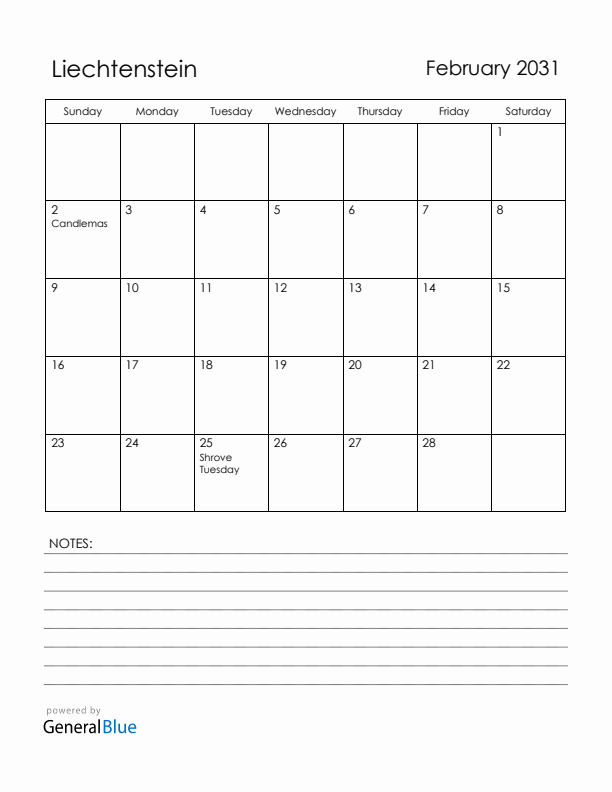 February 2031 Liechtenstein Calendar with Holidays (Sunday Start)