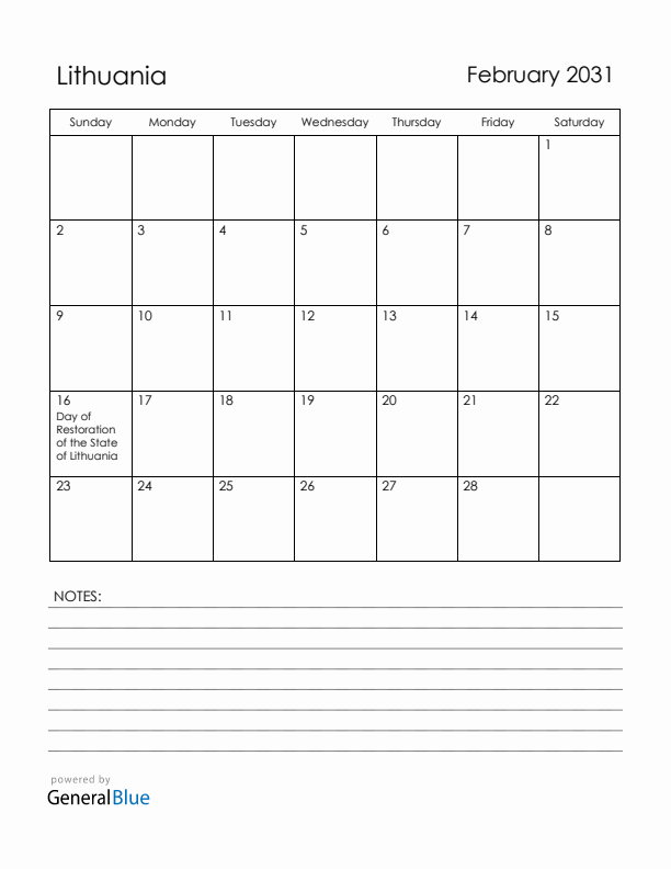 February 2031 Lithuania Calendar with Holidays (Sunday Start)