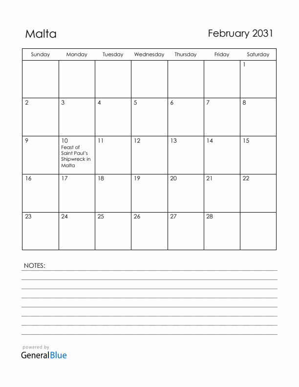 February 2031 Malta Calendar with Holidays (Sunday Start)