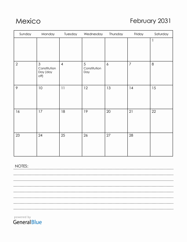 February 2031 Mexico Calendar with Holidays (Sunday Start)