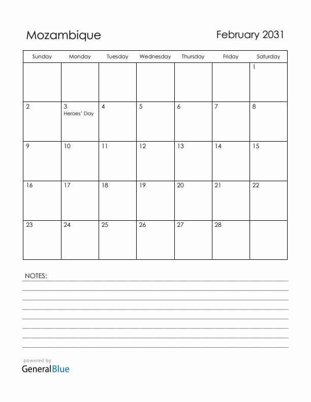 February 2031 Mozambique Calendar with Holidays (Sunday Start)