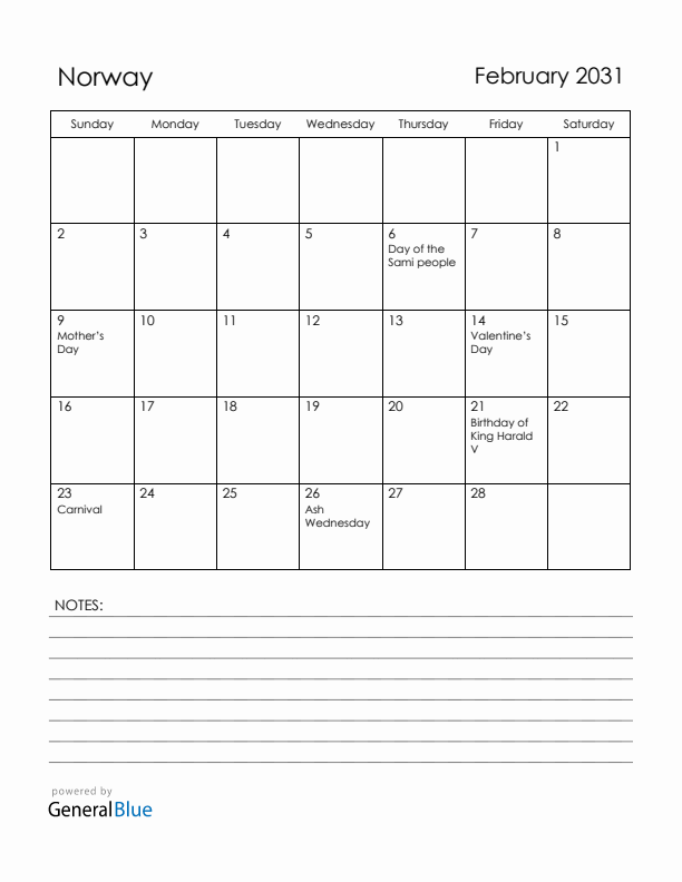 February 2031 Norway Calendar with Holidays (Sunday Start)