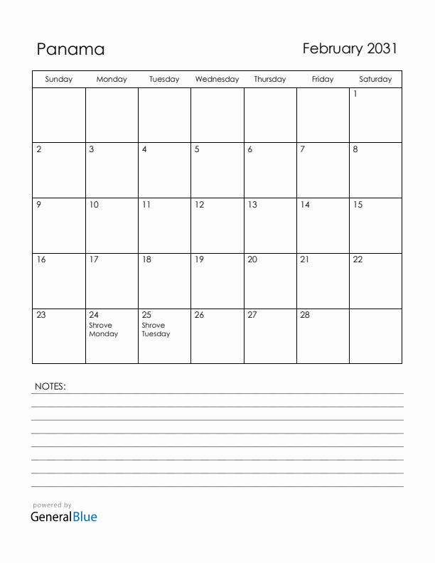 February 2031 Panama Calendar with Holidays (Sunday Start)
