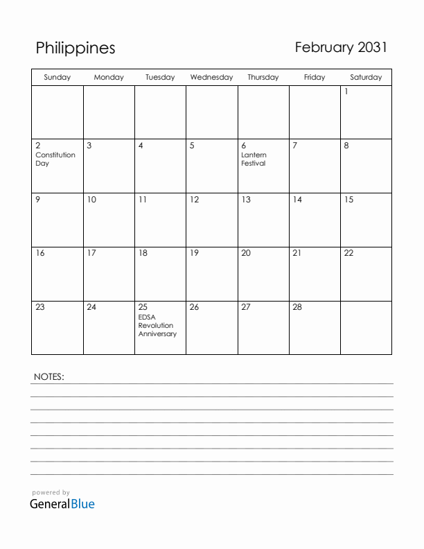 February 2031 Philippines Calendar with Holidays (Sunday Start)