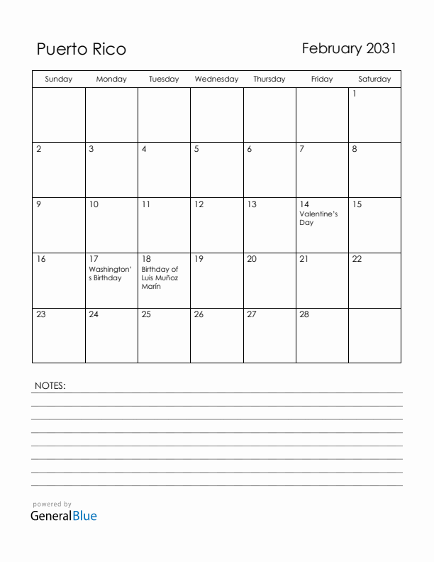February 2031 Puerto Rico Calendar with Holidays (Sunday Start)