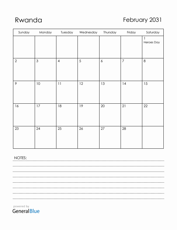 February 2031 Rwanda Calendar with Holidays (Sunday Start)