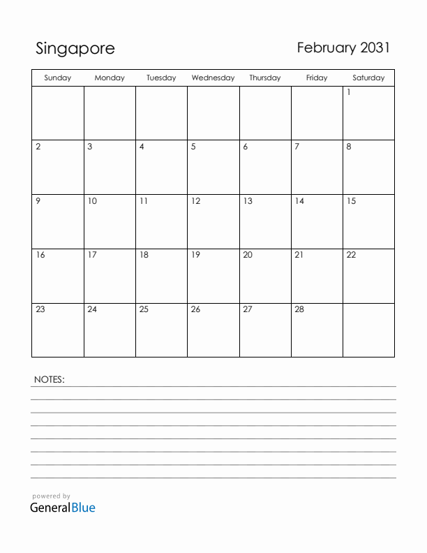 February 2031 Singapore Calendar with Holidays (Sunday Start)