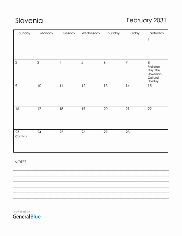 February 2031 Slovenia Calendar with Holidays (Sunday Start)