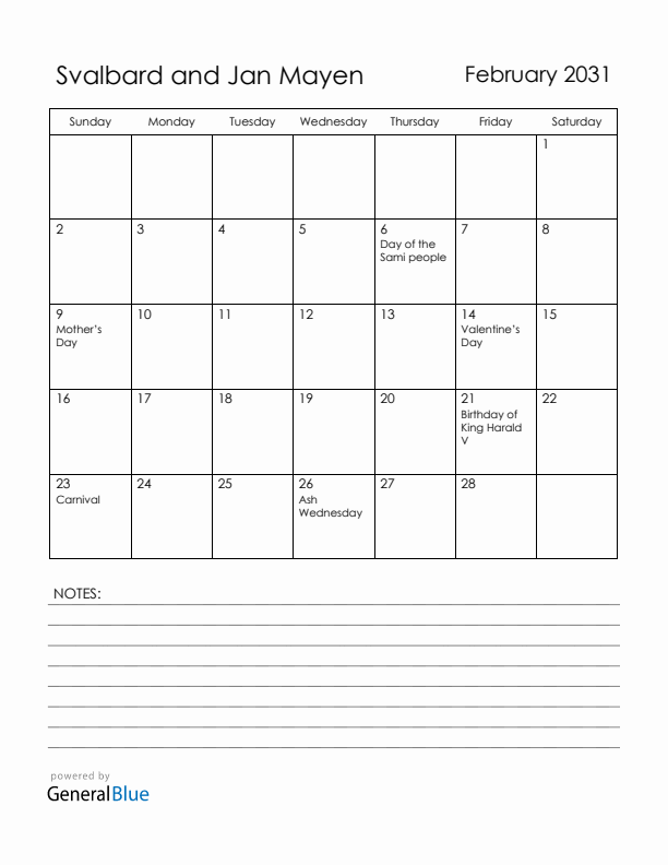 February 2031 Svalbard and Jan Mayen Calendar with Holidays (Sunday Start)