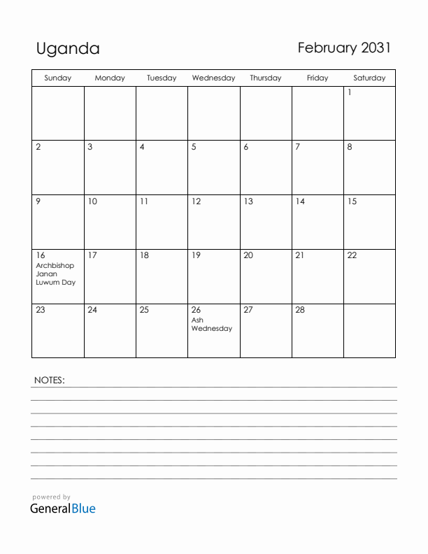 February 2031 Uganda Calendar with Holidays (Sunday Start)