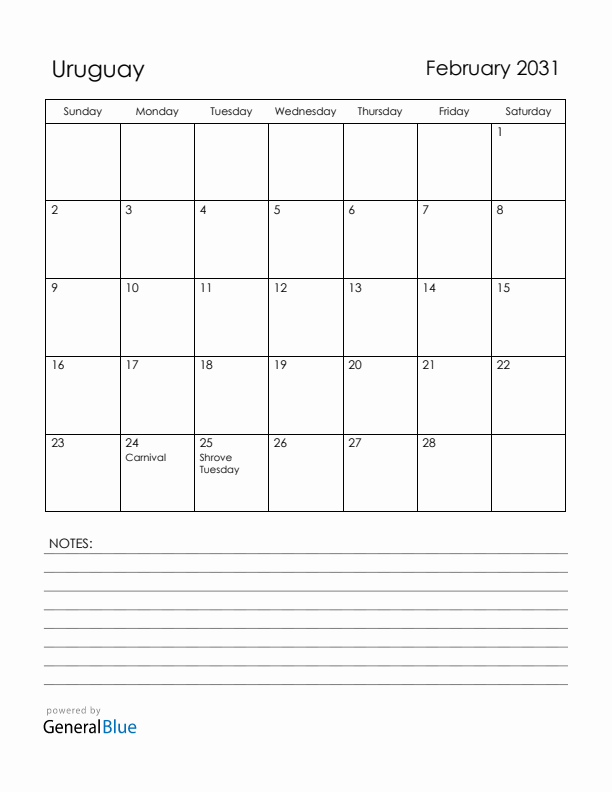 February 2031 Uruguay Calendar with Holidays (Sunday Start)