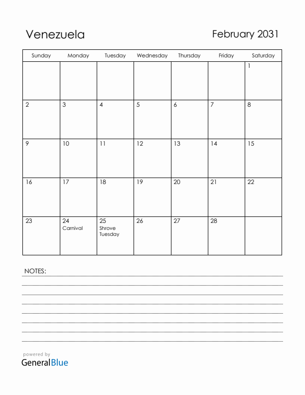 February 2031 Venezuela Calendar with Holidays (Sunday Start)