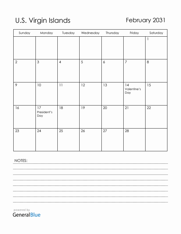 February 2031 U.S. Virgin Islands Calendar with Holidays (Sunday Start)