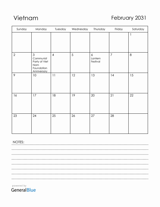 February 2031 Vietnam Calendar with Holidays (Sunday Start)