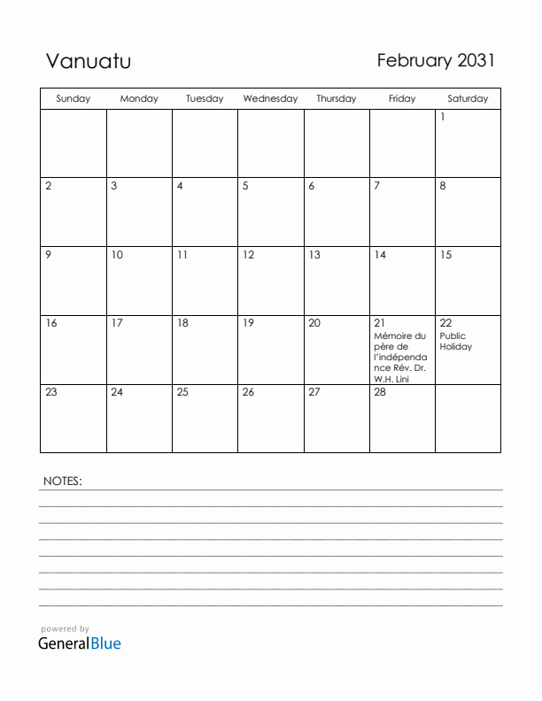February 2031 Vanuatu Calendar with Holidays (Sunday Start)
