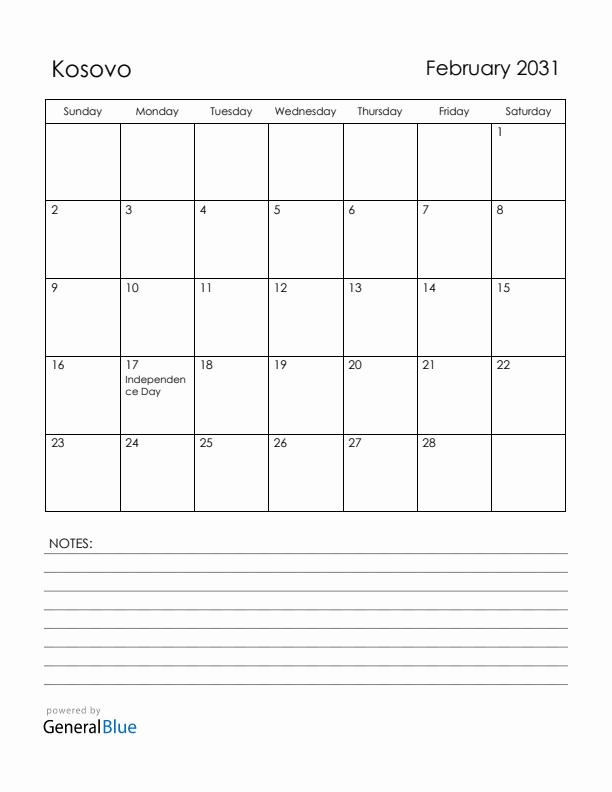 February 2031 Kosovo Calendar with Holidays (Sunday Start)