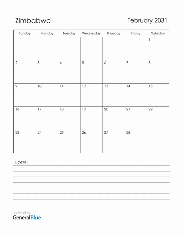 February 2031 Zimbabwe Calendar with Holidays (Sunday Start)
