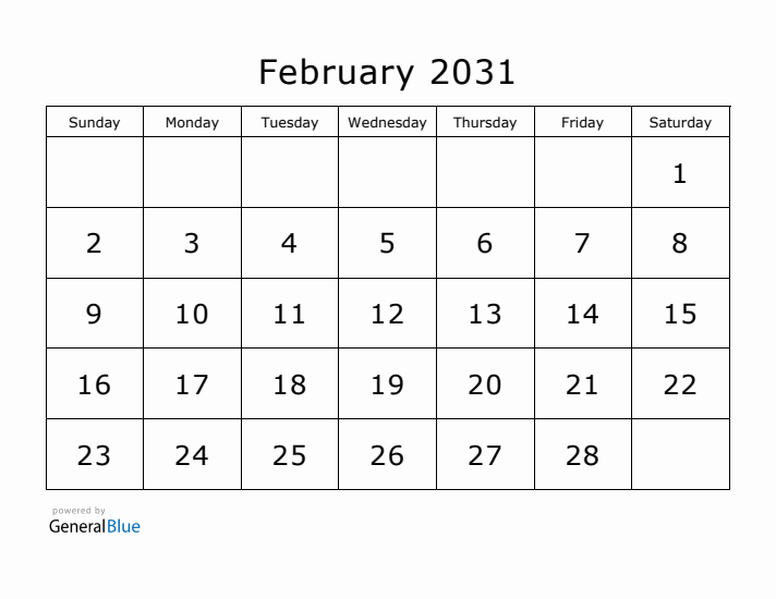 Printable February 2031 Calendar - Sunday Start