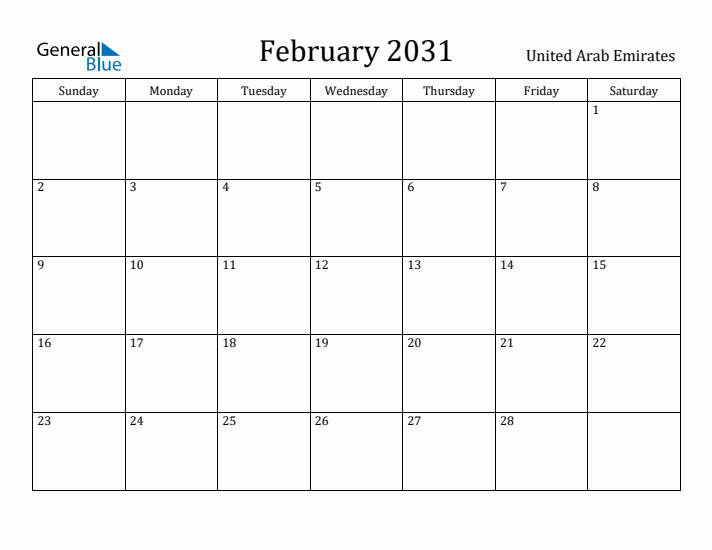 February 2031 Calendar United Arab Emirates