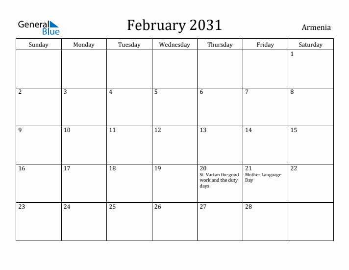 February 2031 Calendar Armenia