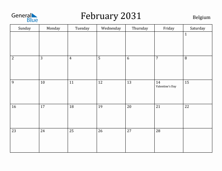 February 2031 Calendar Belgium