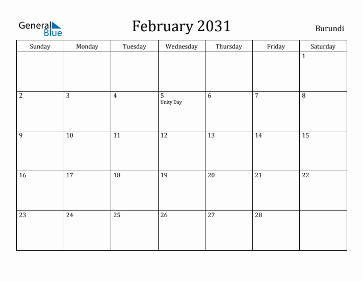 February 2031 Calendar Burundi