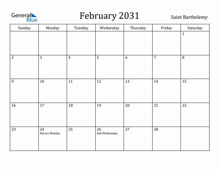 February 2031 Calendar Saint Barthelemy