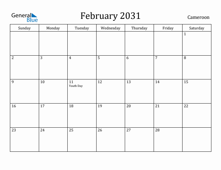 February 2031 Calendar Cameroon