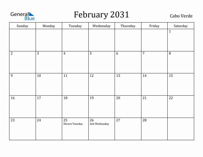 February 2031 Calendar Cabo Verde