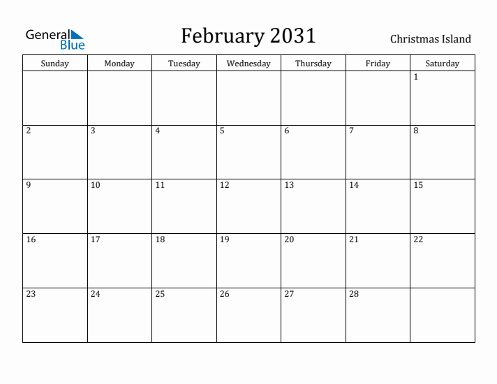 February 2031 Calendar Christmas Island
