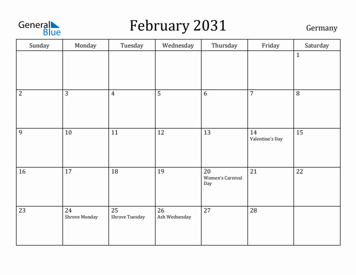 February 2031 Calendar Germany