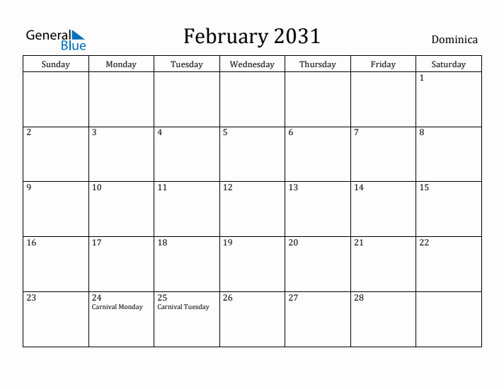 February 2031 Calendar Dominica