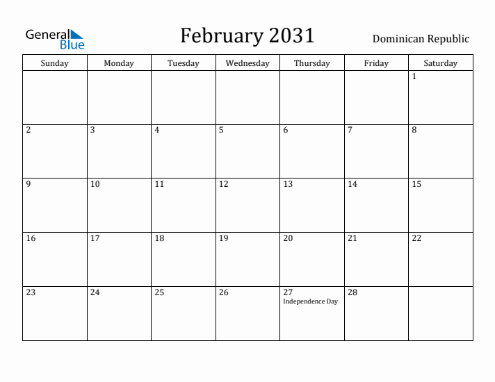 February 2031 Calendar Dominican Republic