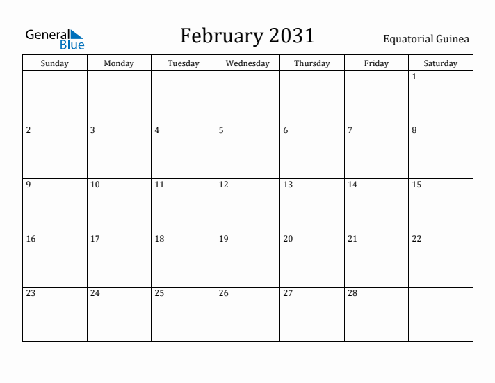 February 2031 Calendar Equatorial Guinea