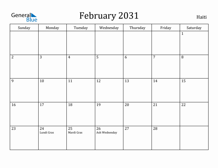 February 2031 Calendar Haiti