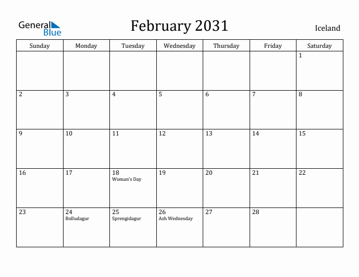 February 2031 Calendar Iceland