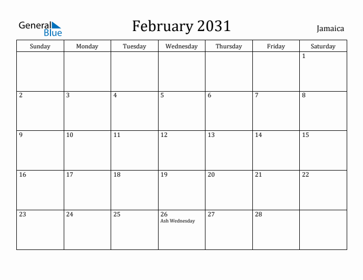February 2031 Calendar Jamaica